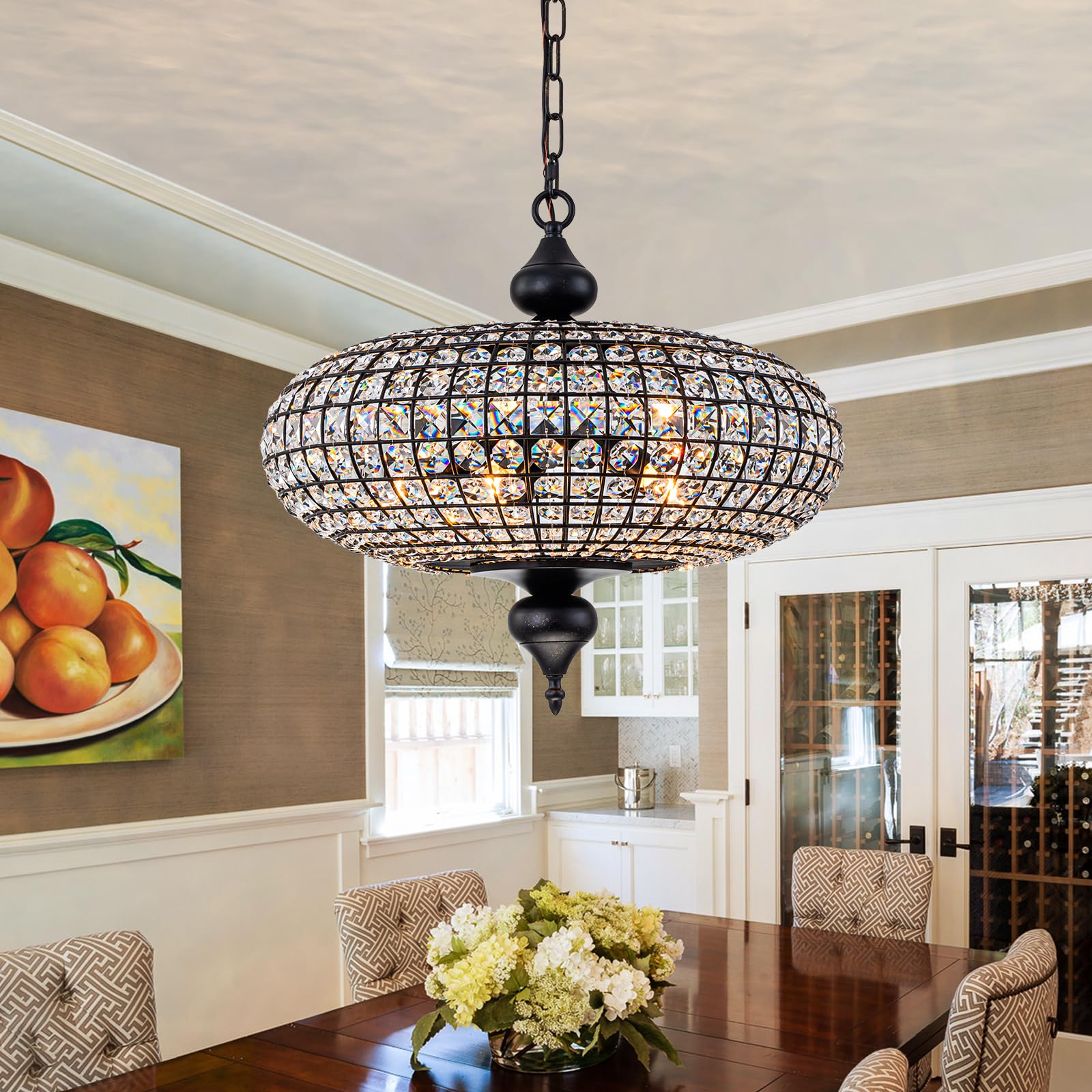 20.5" Antique Brass Crystal Chandelier, Large Farmhouse Dining Room Light Fixture, 5-Light Vintage Crystal Hanging Chandelier for High Ceiling Living Room Kitchen Island